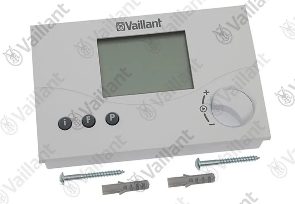 Vaillant Regler mit digitalem Display und Steuerknopf, ergänzt durch Schrauben für Montage. Gerät hat mehrere Tasten und eine graue Verkleidung.